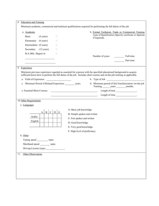 8. Education and Training
      Minimum academic, commercial and technical qualifications required for performing the full duties of the job.

       a. Academic                                                           b. Formal Technical, Trade or Commercial Training
                                                                                Type of Qualification (Specify certificate or diploma
          Basic             (4 years)        ‫ٱ‬
                                                                                if required).
          Elementary        (6 years)        ‫ٱ‬
          Intermediate (9 years)             ‫ٱ‬
          Secondary         (12 years)       ‫ٱ‬
          B.A./BSc. Degree in                ‫ٱ‬
                                                                                Number of years:      ________ Full-time
          ________________________
                                                                                                      ________ Part-time
          _________________________

9. Experience
      Minimum previous experience regarded as essential for a person with the specified educational background to acquire
      sufficient know-how to perform the full duties of the job. Includes short courses and on-the-job training as applicable.
      a. Field of Experience ____________________                            b. Type of Job _______________________________
      c. Minimum Period of Related Experience ________ years.                d. Minimum period of Site Familiarization /on-the-job
                                                                                Training ______ years ________months.
      e. Essential Short Courses:        ______________________________________.        Length of time _________________.
                                         ______________________________________.        Length of time _________________.

10. Other Requirements
  a. Languages
                                                       A- Basic job knowledge
                              A   B      C   D   E
                                                       B- Simple spoken and written
                  Arabic
                                                       C- Fair spoken and written
                  English
                                                       D- Good knowledge
                                                       E- Very good knowledge
                                                       F- High level of proficiency
  b. Other
        Typing speed _________ wpm.
        Shorthand speed ________ wpm.
        Driving License (type) _______________.

11.     Other Observations
 