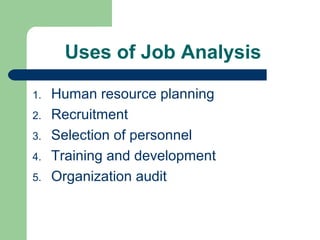 Uses of Job Analysis

1.   Human resource planning
2.   Recruitment
3.   Selection of personnel
4.   Training and development
5.   Organization audit
 