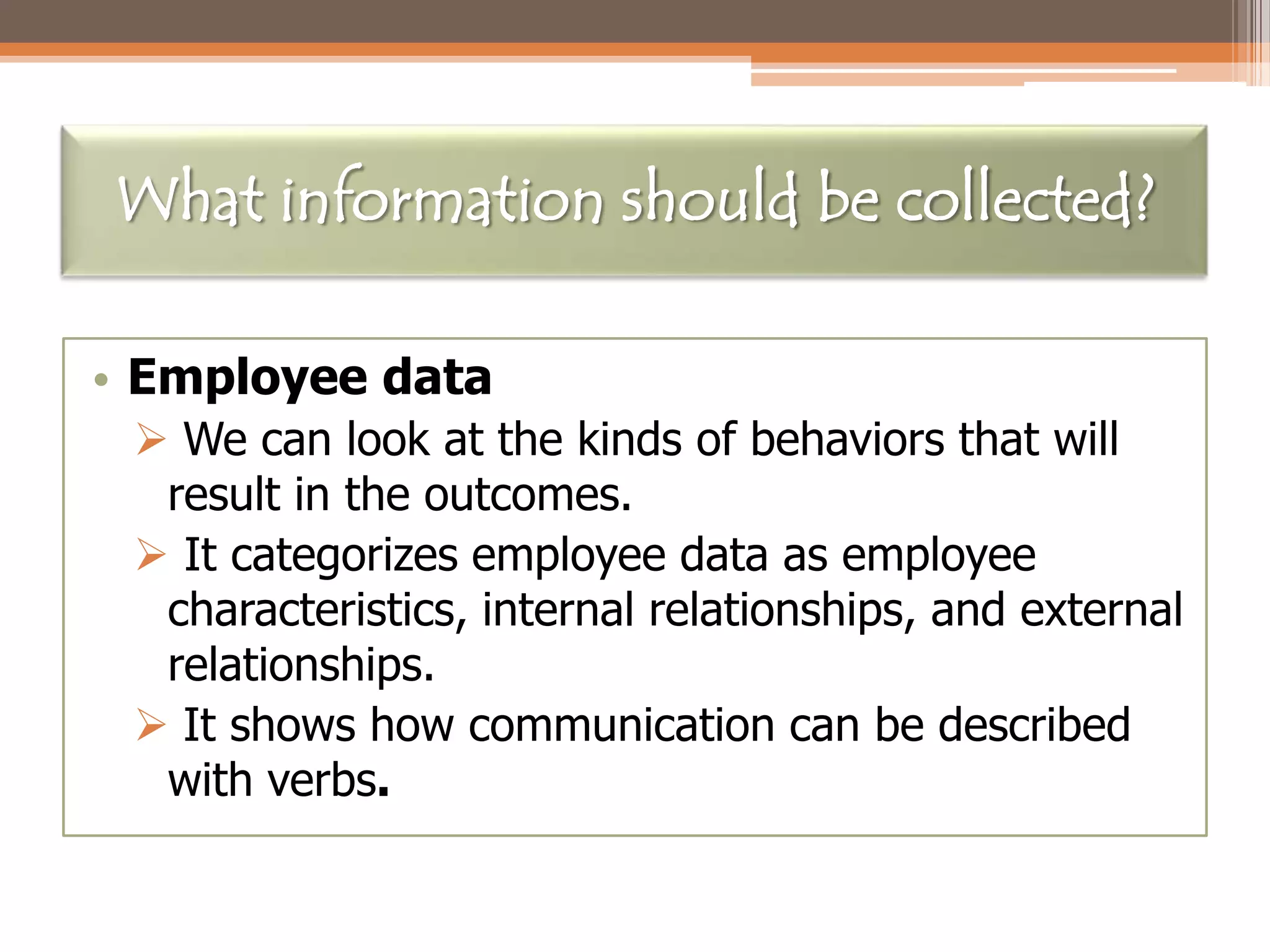 What information should be collected?
• Employee data
 We can look at the kinds of behaviors that will
result in the outcomes.
 It categorizes employee data as employee
characteristics, internal relationships, and external
relationships.
 It shows how communication can be described
with verbs.

 