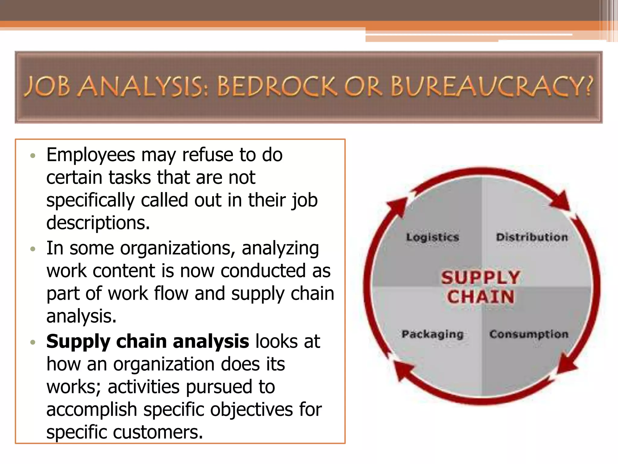 • Employees may refuse to do
certain tasks that are not
specifically called out in their job
descriptions.
• In some organizations, analyzing
work content is now conducted as
part of work flow and supply chain
analysis.
• Supply chain analysis looks at
how an organization does its
works; activities pursued to
accomplish specific objectives for
specific customers.

 