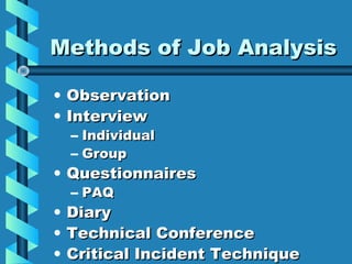 Methods of Job Analysis
• Observation
• Interview
– Individual
– Group

• Questionnaires
•
•
•

– PAQ

Diary
Technical Conference
Critical Incident Technique

 