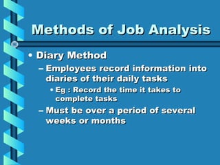 Methods of Job Analysis
• Diary Method

– Employees record information into
diaries of their daily tasks
• Eg : Record the time it takes to
complete tasks

– Must be over a period of several
weeks or months

 
