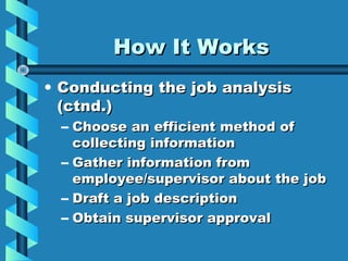 How It Works
• Conducting the job analysis
(ctnd.)

– Choose an efficient method of
collecting information
– Gather information from
employee/supervisor about the job
– Draft a job description
– Obtain supervisor approval

 