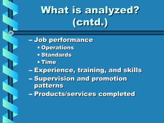 What is analyzed?
(cntd.)
– Job performance
• Operations
• Standards
• Time

– Experience, training, and skills
– Supervision and promotion
patterns
– Products/services completed

 