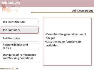 Job Analysis
• Describes the general nature of
the job
• Lists the major functions or
activities
Designed by MET-CET 21
Job Descriptions
Job Identification
Job Summary
Relationships
Responsibilities and
Duties
Standards of Performance
and Working Conditions
Job Summary
 