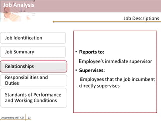 Job Analysis
• Works with:
Others with whom the job holder
will be expected to work and come
into contact with internally.
• Outside the company:
Others with whom the job holder
is expected to work and come into
contact with externally.
• Reports to:
Employee’s immediate supervisor
• Supervises:
Employees that the job incumbent
directly supervises
Designed by MET-CET 22
Job Descriptions
Job Identification
Job Summary
Relationships
Responsibilities and
Duties
Standards of Performance
and Working Conditions
Relationships
 