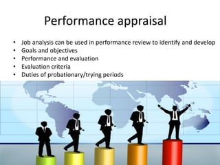 Performance appraisal
• Job analysis can be used in performance review to identify and develop
• Goals and objectives
• Performance and evaluation
• Evaluation criteria
• Duties of probationary/trying periods
 