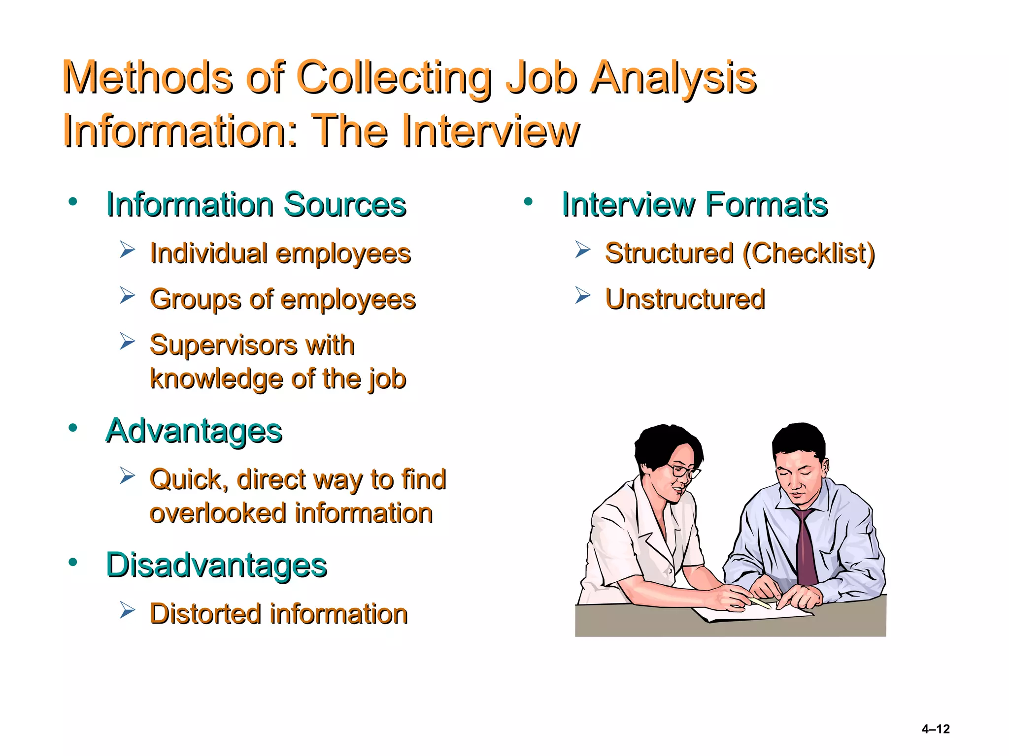 4–12
Methods of Collecting Job AnalysisMethods of Collecting Job Analysis
Information: The InterviewInformation: The Interview
• Information SourcesInformation Sources
 Individual employeesIndividual employees
 Groups of employeesGroups of employees
 Supervisors withSupervisors with
knowledge of the jobknowledge of the job
• AdvantagesAdvantages
 Quick, direct way to findQuick, direct way to find
overlooked informationoverlooked information
• DisadvantagesDisadvantages
 Distorted informationDistorted information
• Interview FormatsInterview Formats
 Structured (Checklist)Structured (Checklist)
 UnstructuredUnstructured
 