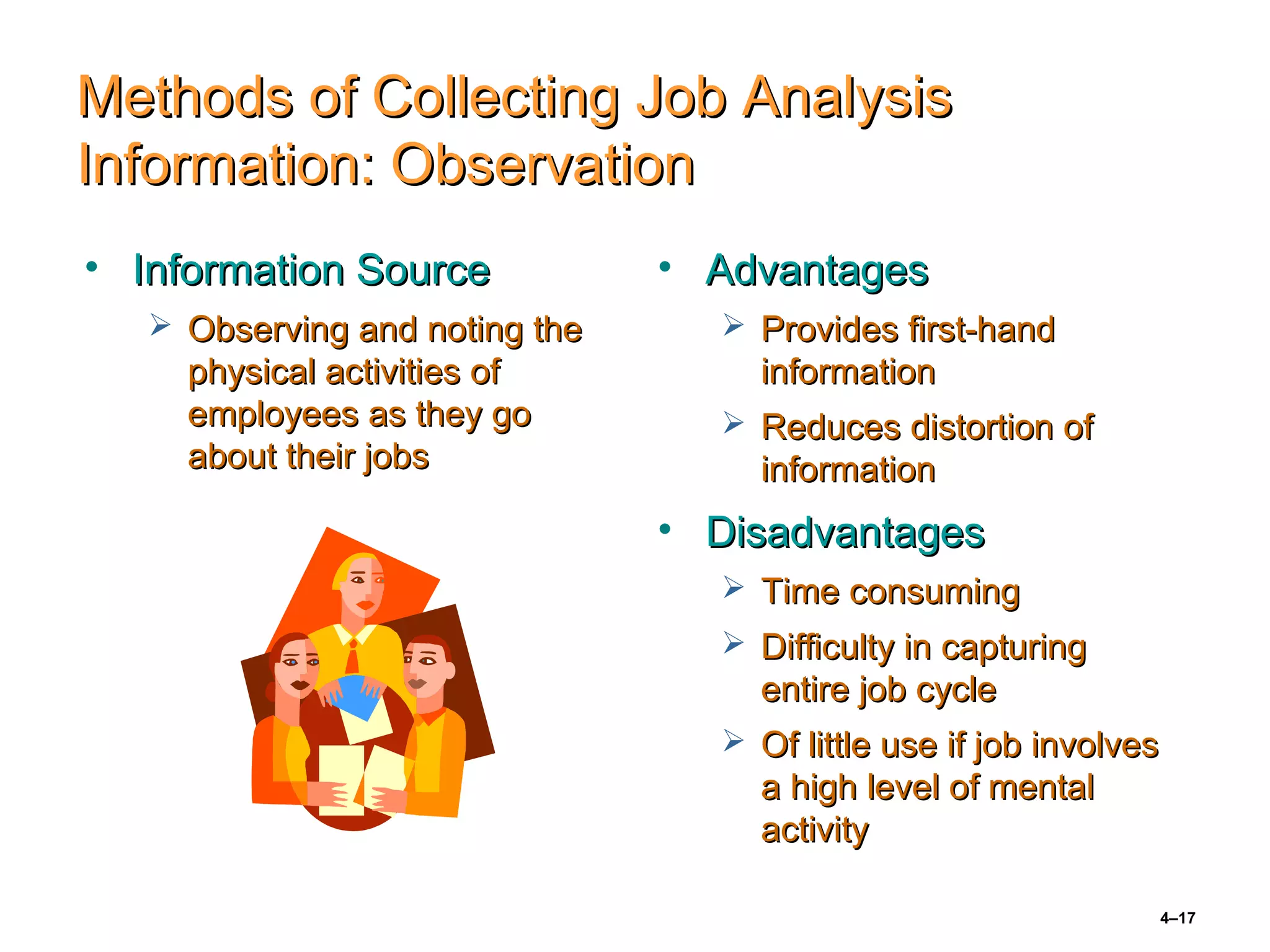 4–17
Methods of Collecting Job AnalysisMethods of Collecting Job Analysis
Information: ObservationInformation: Observation
• Information SourceInformation Source
 Observing and noting theObserving and noting the
physical activities ofphysical activities of
employees as they goemployees as they go
about their jobsabout their jobs
• AdvantagesAdvantages
 Provides first-handProvides first-hand
informationinformation
 Reduces distortion ofReduces distortion of
informationinformation
• DisadvantagesDisadvantages
 Time consumingTime consuming
 Difficulty in capturingDifficulty in capturing
entire job cycleentire job cycle
 Of little use if job involvesOf little use if job involves
a high level of mentala high level of mental
activityactivity
 
