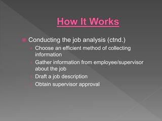  Conducting the job analysis (ctnd.)
› Choose an efficient method of collecting
information
› Gather information from employee/supervisor
about the job
› Draft a job description
› Obtain supervisor approval
 
