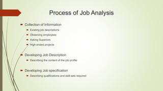 Process of Job Analysis
 Collection of Information
 Existing job descriptions
 Observing employees
 Asking Superiors
 High ended projects
 Developing Job Description
 Describing the content of the job profile
 Developing Job specification
 Describing qualifications and skill sets required
 