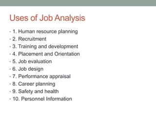 Uses of Job Analysis
• 1. Human resource planning
• 2. Recruitment
• 3. Training and development
• 4. Placement and Orientation
• 5. Job evaluation
• 6. Job design
• 7. Performance appraisal
• 8. Career planning
• 9. Safety and health
• 10. Personnel Information
 