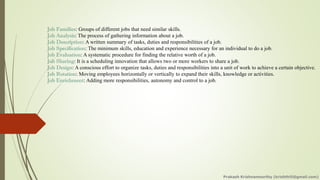 Job Families: Groups of different jobs that need similar skills.
Job Analysis: The process of gathering information about a job.
Job Description: A written summary of tasks, duties and responsibilities of a job.
Job Specification: The minimum skills, education and experience necessary for an individual to do a job.
Job Evaluation: A systematic procedure for finding the relative worth of a job.
Job Sharing: It is a scheduling innovation that allows two or more workers to share a job.
Job Design: A conscious effort to organize tasks, duties and responsibilities into a unit of work to achieve a certain objective.
Job Rotation: Moving employees horizontally or vertically to expand their skills, knowledge or activities.
Job Enrichment: Adding more responsibilities, autonomy and control to a job.
Prakash Krishnamoorthy (krishthili@gmail.com)
 