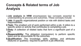 Concepts & Related terms of Job
Analysis
Job analysis in HRM encompasses key concepts essential to
understanding its process and outcomes. These concepts include:
1.Job: A specific organizational position or role with distinct tasks and
responsibilities.
2.Task: The smallest unit of work performed within a job. It refers to a
specific action or activity that contributes to completing a job.
3.Duty: A collection of related tasks that form a significant part of a
job.
4.Responsibility: The obligation (compulsion) to perform specific
tasks and be accountable for the outcomes.
5.Qualification: The knowledge, skills, abilities, and attributes
(features or qualities) required to perform a job effectively.
 