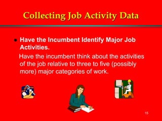 15
Collecting Job Activity Data
 Have the Incumbent Identify Major Job
Activities.
Have the incumbent think about the activities
of the job relative to three to five (possibly
more) major categories of work.
 