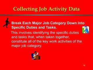 16
Collecting Job Activity Data
 Break Each Major Job Category Down Into
Specific Duties and Tasks.
This involves identifying the specific duties
and tasks that, when taken together,
constitute all of the key work activities of the
major job category.
 