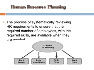 19
 The process of systematically reviewing
HR requirements to ensure that the
required number of employees, with the
required skills, are available when they
are needed
Human Resource PlanningHuman Resource Planning
 