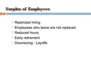Surplus of EmployeesSurplus of Employees
 Restricted hiring
 Employees who leave are not replaced
 Reduced hours
 Early retirement
 Downsizing - Layoffs
4-25
25
 