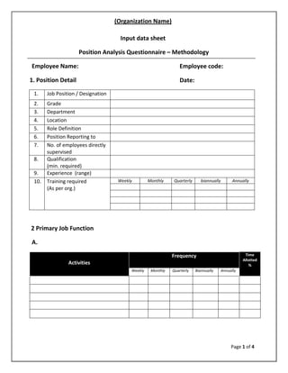 (Organization Name)

                                      Input data sheet

                     Position Analysis Questionnaire – Methodology

Employee Name:                                                   Employee code:

1. Position Detail                                               Date:
 1.    Job Position / Designation
 2.    Grade
 3.    Department
 4.    Location
 5.    Role Definition
 6.    Position Reporting to
 7.    No. of employees directly
       supervised
 8.    Qualification
       (min. required)
 9.    Experience (range)
 10.   Training required             Weekly        Monthly    Quarterly      biannually         Annually
       (As per org.)




2 Primary Job Function

A.

                                                              Frequency                               Time
                                                                                                     Allotted
                Activities                                                                              %
                                          Weekly    Monthly   Quarterly   Biannually      Annually




                                                                                               Page 1 of 4
 