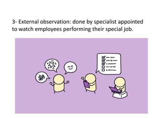 3- External observation: done by specialist appointed
to watch employees performing their special job.
 