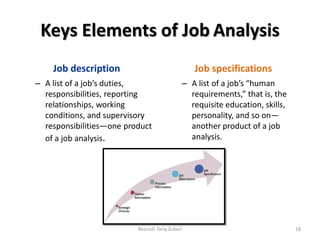 Keys Elements of Job Analysis
Job description
– A list of a job’s duties,
responsibilities, reporting
relationships, working
conditions, and supervisory
responsibilities—one product
of a job analysis.
Job specifications
– A list of a job’s “human
requirements,” that is, the
requisite education, skills,
personality, and so on—
another product of a job
analysis.
18Beenish Tariq Zuberi
 