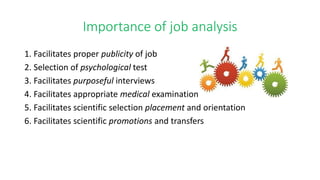 Importance of job analysis
1. Facilitates proper publicity of job
2. Selection of psychological test
3. Facilitates purposeful interviews
4. Facilitates appropriate medical examination
5. Facilitates scientific selection placement and orientation
6. Facilitates scientific promotions and transfers
 