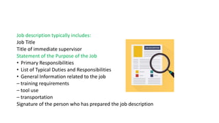 Job description typically includes:
Job Title
Title of immediate supervisor
Statement of the Purpose of the Job
• Primary Responsibilities
• List of Typical Duties and Responsibilities
• General Information related to the job
– training requirements
– tool use
– transportation
Signature of the person who has prepared the job description
 