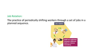 Job Rotation:
The practice of periodically shifting workers through a set of jobs in a
planned sequence.
 