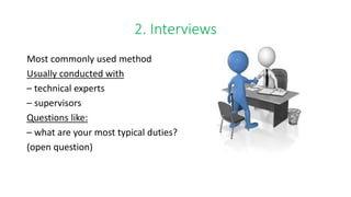 2. Interviews
Most commonly used method
Usually conducted with
– technical experts
– supervisors
Questions like:
– what are your most typical duties?
(open question)
 