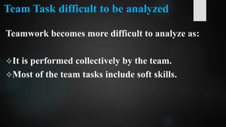 Team Task difficult to be analyzed
Teamwork becomes more difficult to analyze as:
It is performed collectively by the team.
Most of the team tasks include soft skills.
 