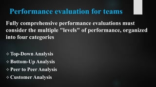 Performance evaluation for teams
Fully comprehensive performance evaluations must
consider the multiple "levels" of performance, organized
into four categories
 Top-Down Analysis
 Bottom-Up Analysis
 Peer to Peer Analysis
 Customer Analysis
 
