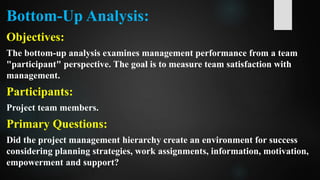 Bottom-Up Analysis:
Objectives:
The bottom-up analysis examines management performance from a team
"participant" perspective. The goal is to measure team satisfaction with
management.
Participants:
Project team members.
Primary Questions:
Did the project management hierarchy create an environment for success
considering planning strategies, work assignments, information, motivation,
empowerment and support?
 