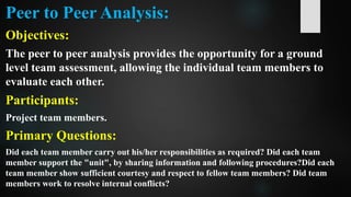 Peer to Peer Analysis:
Objectives:
The peer to peer analysis provides the opportunity for a ground
level team assessment, allowing the individual team members to
evaluate each other.
Participants:
Project team members.
Primary Questions:
Did each team member carry out his/her responsibilities as required? Did each team
member support the "unit", by sharing information and following procedures?Did each
team member show sufficient courtesy and respect to fellow team members? Did team
members work to resolve internal conflicts?
 
