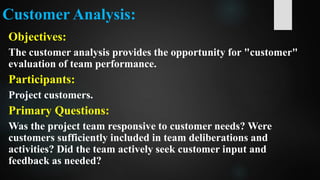 Customer Analysis:
Objectives:
The customer analysis provides the opportunity for "customer"
evaluation of team performance.
Participants:
Project customers.
Primary Questions:
Was the project team responsive to customer needs? Were
customers sufficiently included in team deliberations and
activities? Did the team actively seek customer input and
feedback as needed?
 