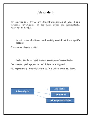 Job Analysis
Job analysis is a formal and detailed examination of jobs. It is a
systematic investigation of the tasks, duties and responsibilities
necessary to do a job.
• A task is an identifiable work activity carried out for a specific
purpose
For example : typing a letter
• A duty is a larger work segment consisting of several tasks.
For example : pick up ,sort out and deliver incoming mail.
Job responsibility are obligation to perform certain tasks and duties.
 