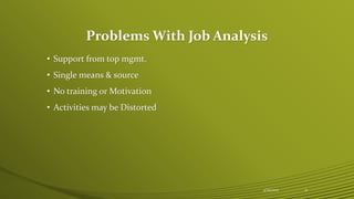 Problems With Job Analysis
• Support from top mgmt.
• Single means & source
• No training or Motivation
• Activities may be Distorted
4/25/2015 17
 