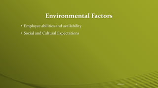 Environmental Factors
• Employee abilities and availability
• Social and Cultural Expectations
4/25/2015 22
 
