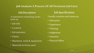 Job Analysis A Process Of All Pertinent Job Facts
Job Specification
Usually contains such items as;
• Education
• Experience
• Training
• Judgement
• Initiative
• Physical effort
Job Description
A statement containing items
such as;
• Job title
• Location
• Job summary
• Duties
• Machines, tools & equipment
• Materials & forms used
4/25/2015 4
 