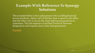 Example With Reference To Synergy
Solutions
The example below is for a sales person who is selling financial
service products. About 75% of his/her time is spent in the office
and the other 25% is out on the road making presentations to
customers. The job requires a Certified Financial Planners
designation and requires heavy duty lead generation.
Example
4/25/2015 9
 