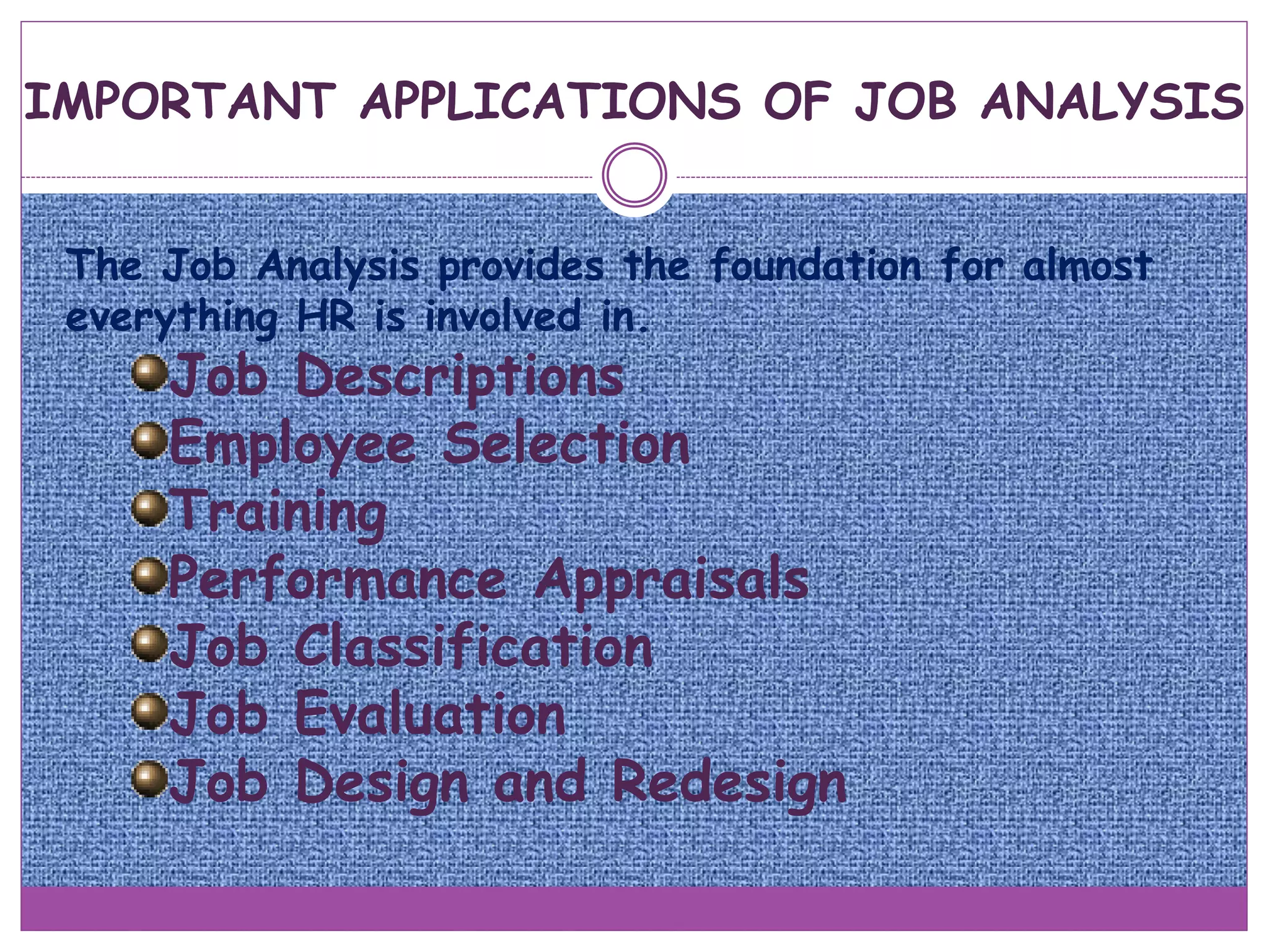 IMPORTANT APPLICATIONS OF JOB ANALYSIS
The Job Analysis provides the foundation for almost
everything HR is involved in.
Job Descriptions
Employee Selection
Training
Performance Appraisals
Job Classification
Job Evaluation
Job Design and Redesign
 