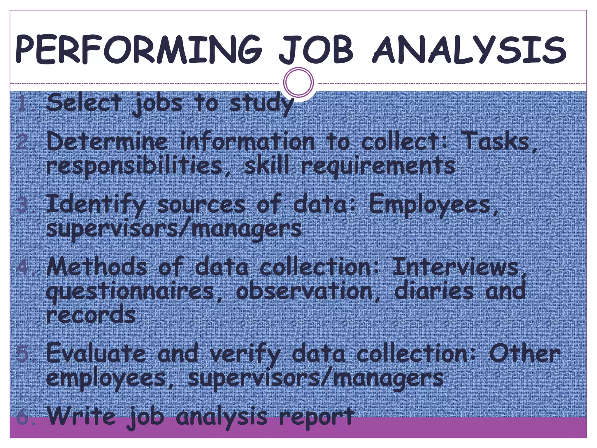 PERFORMING JOB ANALYSIS
1. Select jobs to study
2. Determine information to collect: Tasks,
responsibilities, skill requirements
3. Identify sources of data: Employees,
supervisors/managers
4. Methods of data collection: Interviews,
questionnaires, observation, diaries and
records
5. Evaluate and verify data collection: Other
employees, supervisors/managers
6. Write job analysis report
 