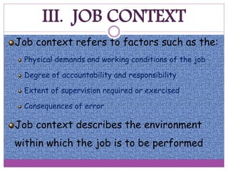 III. JOB CONTEXT
Job context refers to factors such as the:
Physical demands and working conditions of the job
Degree of accountability and responsibility
Extent of supervision required or exercised
Consequences of error
Job context describes the environment
within which the job is to be performed
 
