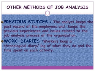 OTHER METHODS OF JOB ANALYSIS
PREVIOUS STUDIES : The analyst keeps the
past record of the employees and keeps the
previous experiences and issues related to the
job analysis process of the organization.
WORK DIARIES :Workers keep a
chronological diary/ log of what they do and the
time spent on each activity.
 