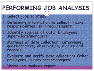 PERFORMING JOB ANALYSIS
1. Select jobs to study
2. Determine information to collect: Tasks,
responsibilities, skill requirements
3. Identify sources of data: Employees,
supervisors/managers
4. Methods of data collection: Interviews,
questionnaires, observation, diaries and
records
5. Evaluate and verify data collection: Other
employees, supervisors/managers
6. Write job analysis report
 