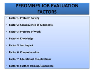 PEROMNES JOB EVALUATION
FACTORS
• Factor 1: Problem Solving
• Factor 2: Consequence of Judgments
• Factor 3: Pressure of Work
• Factor 4: Knowledge
• Factor 5: Job Impact
• Factor 6: Comprehension
• Factor 7: Educational Qualifications
• Factor 8: Further Training/Experience:
 