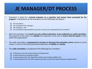 JE MANAGER/DT PROCESS
• Evaluation is done by a trained evaluator on a question and answer basis prompted by the
program. In attendance at the evaluation are the following role-players:
 The incumbent ;
 The incumbents line manager ;
 The evaluator ; and
 The incumbents representative (e.g. from a union), if so requested by the incumbent.
• After the evaluation, the results are sent, without alteration, to be audited by an audit committee.
The purpose of the audit is to validate the evaluation result and to ensure internal equity of jobs
within the organization.
• The audit committee is empowered to increase or decrease the evaluation scores, based on sound
reason, in terms of the aforementioned objectives of validity and equity.
• The audit committee is composed of the following four members:
 A Chairman, from the Human Resources Department;
 A Human Resources evaluation officer;
 A representative from the department whose post is being audited; and
 A representative from one other department (but not from the Human Resources Department).
 