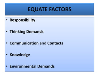 EQUATE FACTORS
• Responsibility
• Thinking Demands
• Communication and Contacts
• Knowledge
• Environmental Demands
 