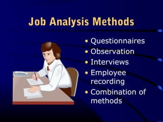 Job Analysis Methods
• Questionnaires
• Observation
• Interviews
• Employee
recording
• Combination of
methods
 
