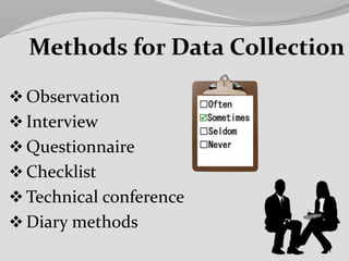  Observation
 Interview
 Questionnaire
 Checklist
 Technical conference
 Diary methods
 