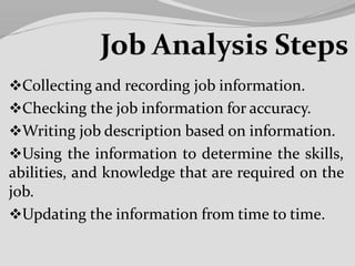 Collecting and recording job information.
Checking the job information for accuracy.
Writing job description based on information.
Using the information to determine the skills,
abilities, and knowledge that are required on the
job.
Updating the information from time to time.
 